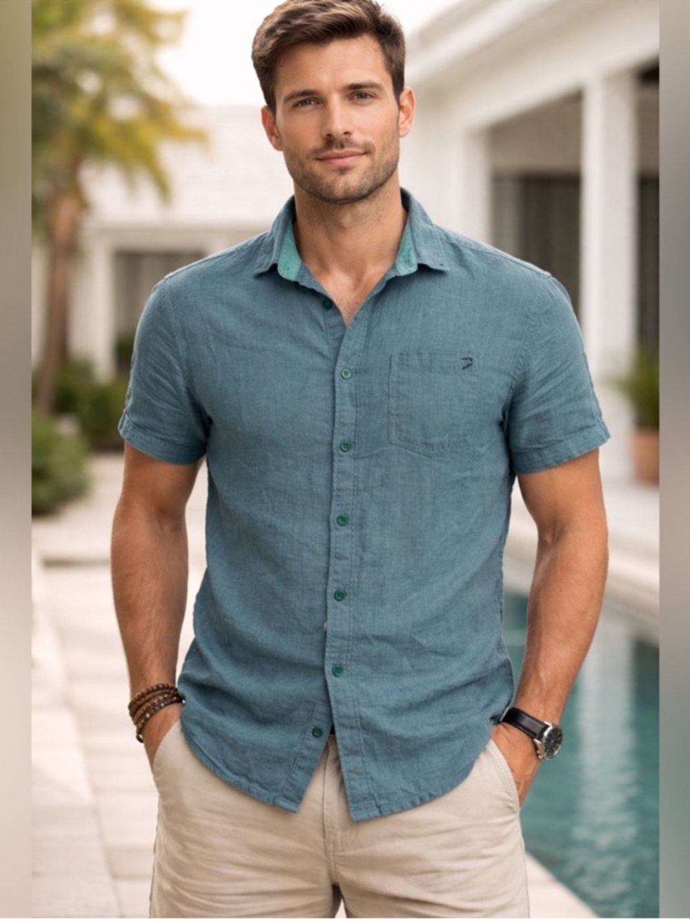 Billabong Men's Short-Sleeve Button-Down Shirt in Teal Blue - Tailored Fit